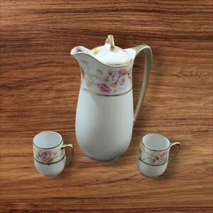 Bavaria Porcelain Coffee Set Pitcher & 2 Cups Floral Gold Trim Antique chocolate